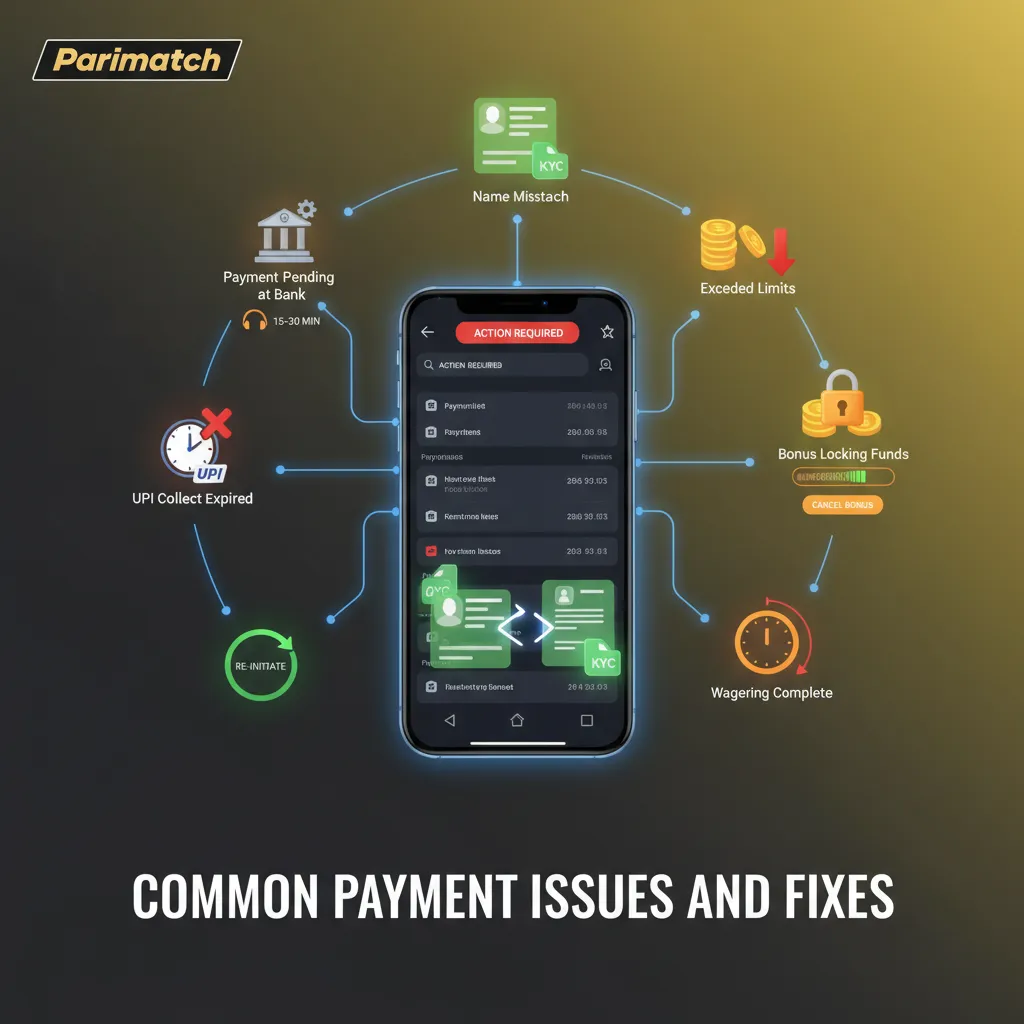Common Payment Issues and Fixes — UPI timeout, bank pending, name mismatch, limits, bonus lock.
